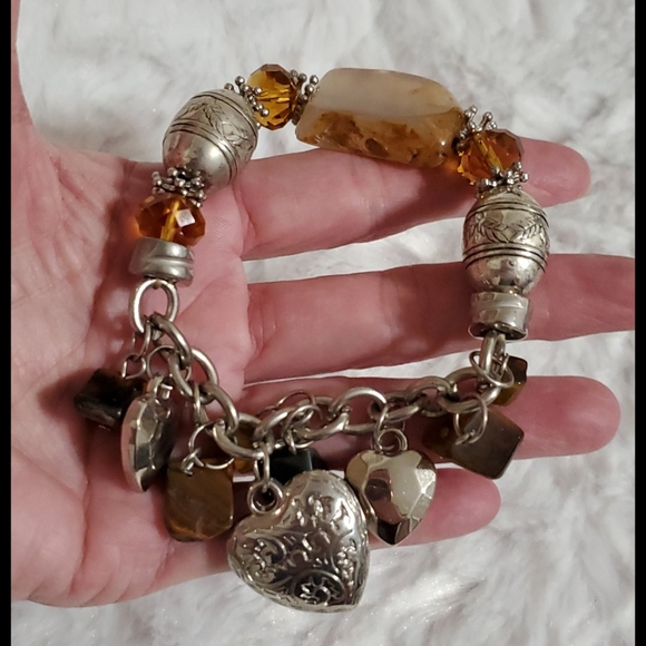 Silvertone Stretchy Chain Mixed Media faux gems yellow brown findings Stackable - Picture 4 of 5